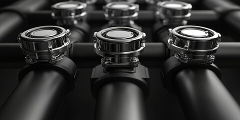 Poster - Close-up view of metal piping and industrial connectors in mechanical setting for engineering inspection and analysis