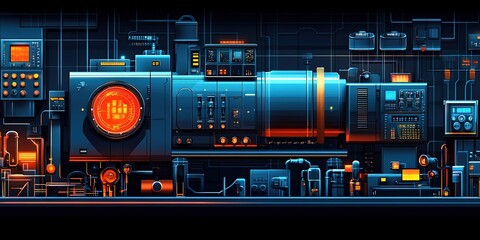 Poster - Advanced machinery operates in a futuristic industrial environment with glowing panels and intricate piping systems