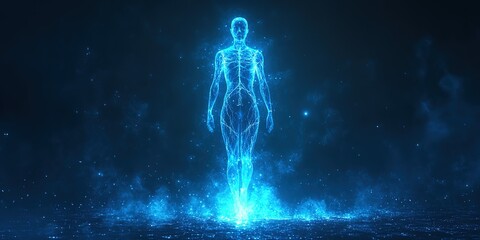 Poster - Digital human figure illuminated by blue light in a futuristic virtual environment during a technology exhibition