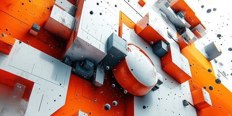 Poster - Abstract geometric design featuring blocks and spheres in orange and gray colors, creating a modern artistic composition