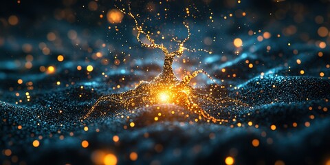 Poster - Sparkling golden tree emerging from dark sands in a fantastical landscape with mystical atmosphere