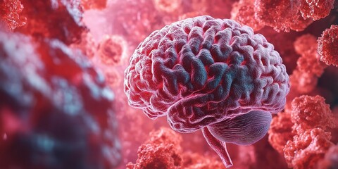 Poster - 3D illustration of human brain surrounded by abstract cellular structures in vibrant colors