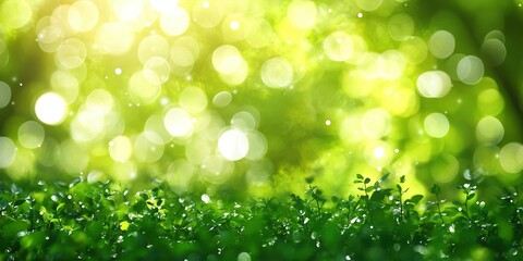 Poster - Vibrant greenery illuminated by sunlight with a soft bokeh background creating a tranquil atmosphere in a natural setting