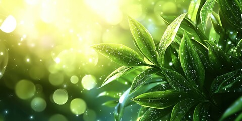 Poster - Close-up view of green leaves glistening with droplets in warm sunlight amidst a mystical bokeh background