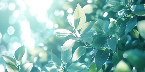 Poster - Lush green leaves basking in sunlight create a tranquil nature scene in a serene forest setting