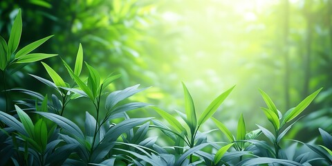 Poster - Lush green plants basking in warm sunlight in a serene botanical setting