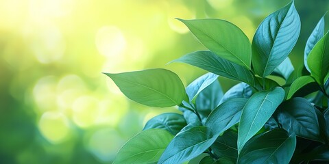 Poster - Vibrant green leaves basking in soft sunlight in a lush outdoor environment during a serene afternoon