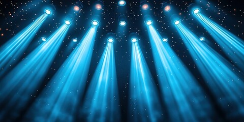 Poster - Bright blue light beams illuminate a dark sky during an energetic performance at a nighttime event