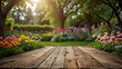 © Siriporn - Soft focus old wooden floor with soft focus garden and flowers trees as background. Spring banner for text or product.