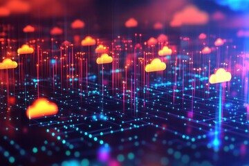 Poster - Abstract digital landscape with colorful clouds and data streams