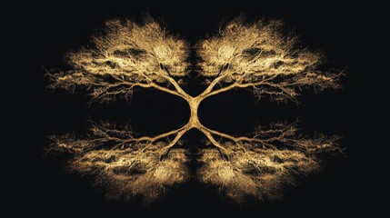 Poster - A symmetrical golden tree image is reflected on black background