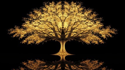 Poster - A golden tree with luminous foliage and a dark mirrored background