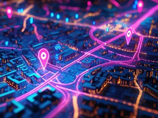 Poster - Vibrant city map with neon highlights and location pins