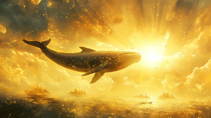 golden whale fantasy art surreal ocean floating islands dreamlike magical artistic digital painting 