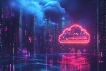 Poster - Futuristic cityscape with neon cloud symbolizing technology