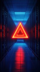 Poster - neon triangle illuminates a data center corridor at night