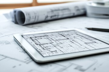 Poster - Architectural Blueprint on Tablet with Plans and Tools