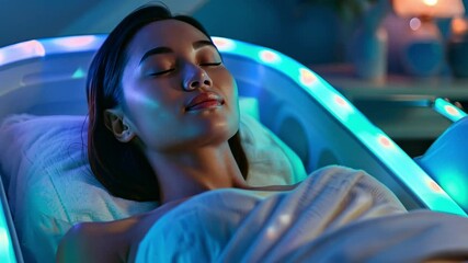 Aufkleber - This young woman peacefully enjoys a restorative session, illuminated by calming lights.