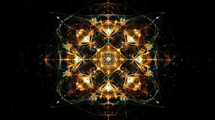 Poster - Symmetric Abstract Geometric Pattern With Glowing Gold And Green Colors