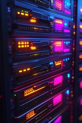 Poster - Colorful server racks illuminated in a data center at night