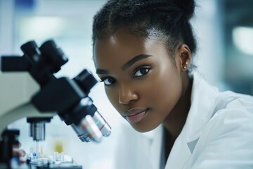 Poster - Young scientist examining samples through a microscope in lab