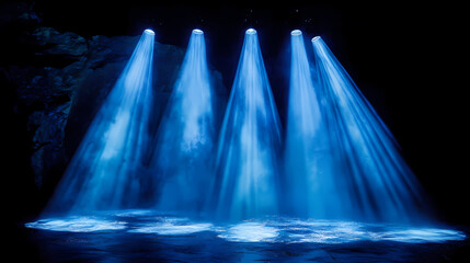 Wall Mural - Abstract image of blue light rays streaming through a dark background, creating a serene and mystical underwater effect. Mystical Rays. Illustration
