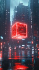 Poster - Futuristic neon-lit cube in urban cityscape at night