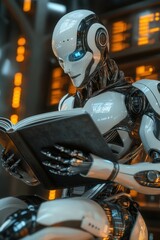 Poster - Robot reading a book in a futuristic library setting