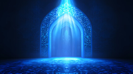 Wall Mural - Arabic arch with backlighting, blue light rays shining through the doorway, with arabesque patterns on a dark background. Mystical Rays. Illustration