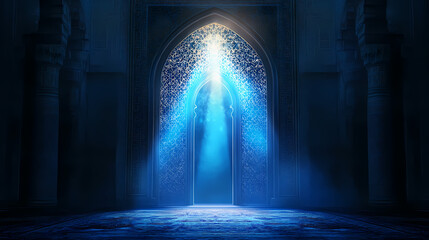 Wall Mural - Arabic arch with backlighting, blue light rays shining through the doorway, with arabesque patterns on a dark background. Mystical Rays. Illustration