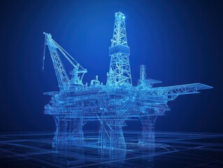 Poster - Digital rendering of an offshore oil rig with blue highlights