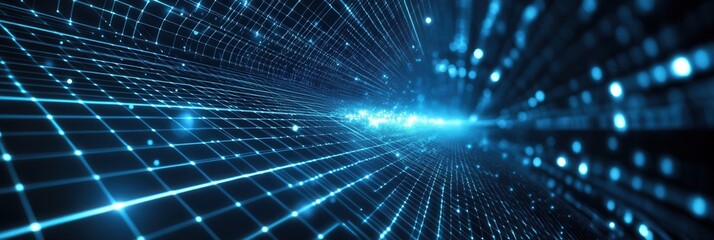 Fototapete - Futuristic digital grid with holographic effects showcasing a high-tech interface in blue and silver tones for innovative projects and designs