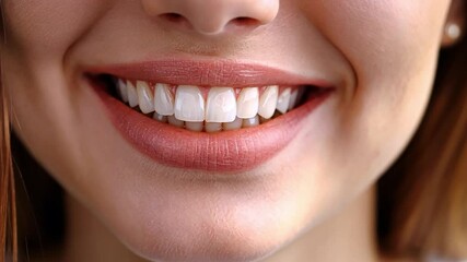 Poster - A woman smiles confidently, revealing her bright, healthy teeth following a cosmetic dentistry procedure. The modern clinic setting emphasizes dental care and well-being.