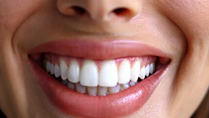 Poster - A person smiles widely, displaying a set of white, straight teeth and healthy gums. The focus is on their oral aesthetics, highlighting cosmetic dental work in a contemporary clinic.