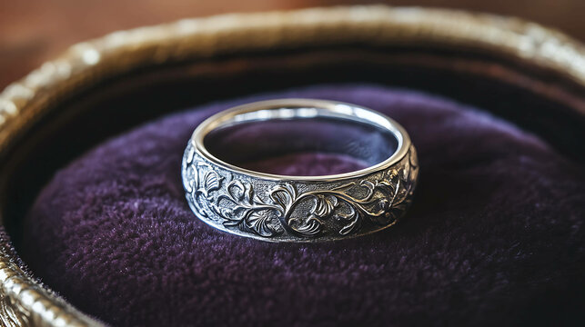 A wedding band with intricate carvings, resting on a soft velvet cushion