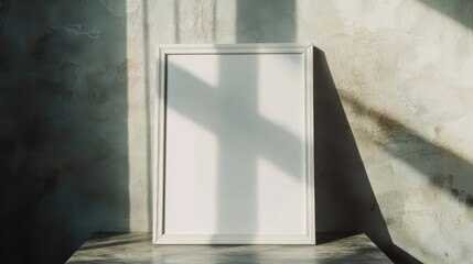 Poster - A white picture frame rests against a textured concrete wall
