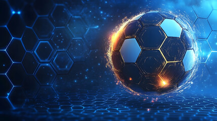 Leinwandbilder - An illustration featuring a glowing soccer ball against a blue background with a hexagonal grid pattern.