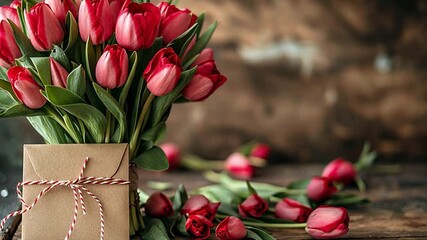 Poster - This vibrant bouquet of red tulips sits next to a gift box, surrounded by scattered petals on wood.