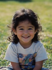 Poster - Smiling child enjoying a sunny day in the park with green grass in the background
