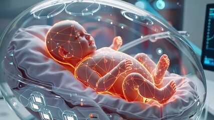 Poster - This high tech incubator displays embryo patterns with digital lines in a futuristic lab.