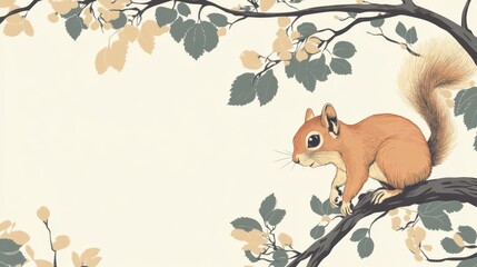 Poster - A charming squirrel sitting on a branch with leafy branches above