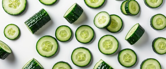 Poster - Round cucumber slices viewed from various angles, arranged on a white background.