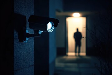 Poster - CCTV security camera monitors potential intruder at night in urban environment