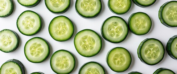 Poster - Cucumber slices cut in a round shape from various angles isolated on a white background.