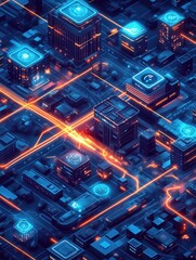 Poster - Futuristic city map featuring delivery routes and glowing paths in an aerial view layout