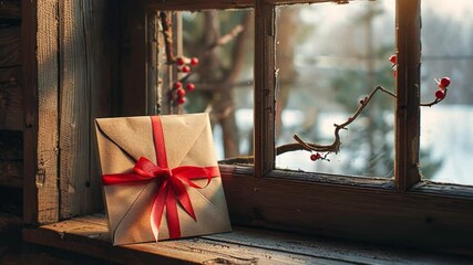 Poster - A beautifully wrapped envelope adorned with a red ribbon sits peacefully on a rustic wooden windowsill. Soft winter sunlight filters through the window, highlighting seasonal decorations outside.