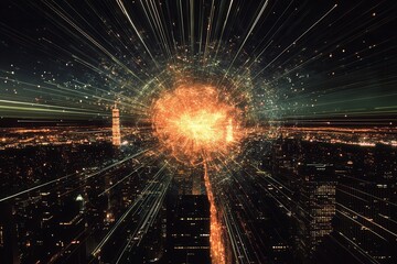 Poster - Fireworks illuminate the night sky over a city skyline, creating a stunning display at the intersection of the golden ratio grid