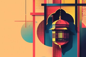 Fototapete - Colorful abstract design featuring geometric shapes and lantern elements, showcasing a modern artistic interpretation of light and pattern