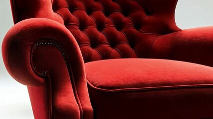 Poster - A vibrant red tufted sofa stands out in a minimalist setting. The unique design features smooth curves and traditional legs, creating a striking focal point in any room.