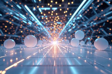 Wall Mural - Three Dimensional White Foundation with Dynamic Light Flow Glowing Particles and Cyber Technology Background